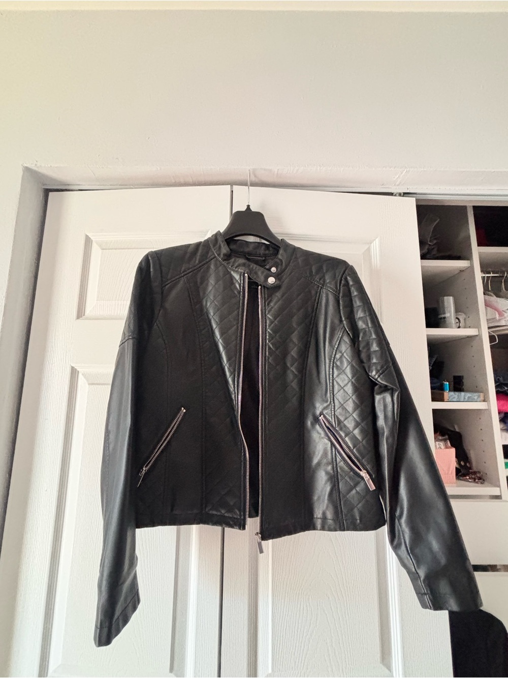 New York & Company Black Quilted Faux Leather Moto Jacket